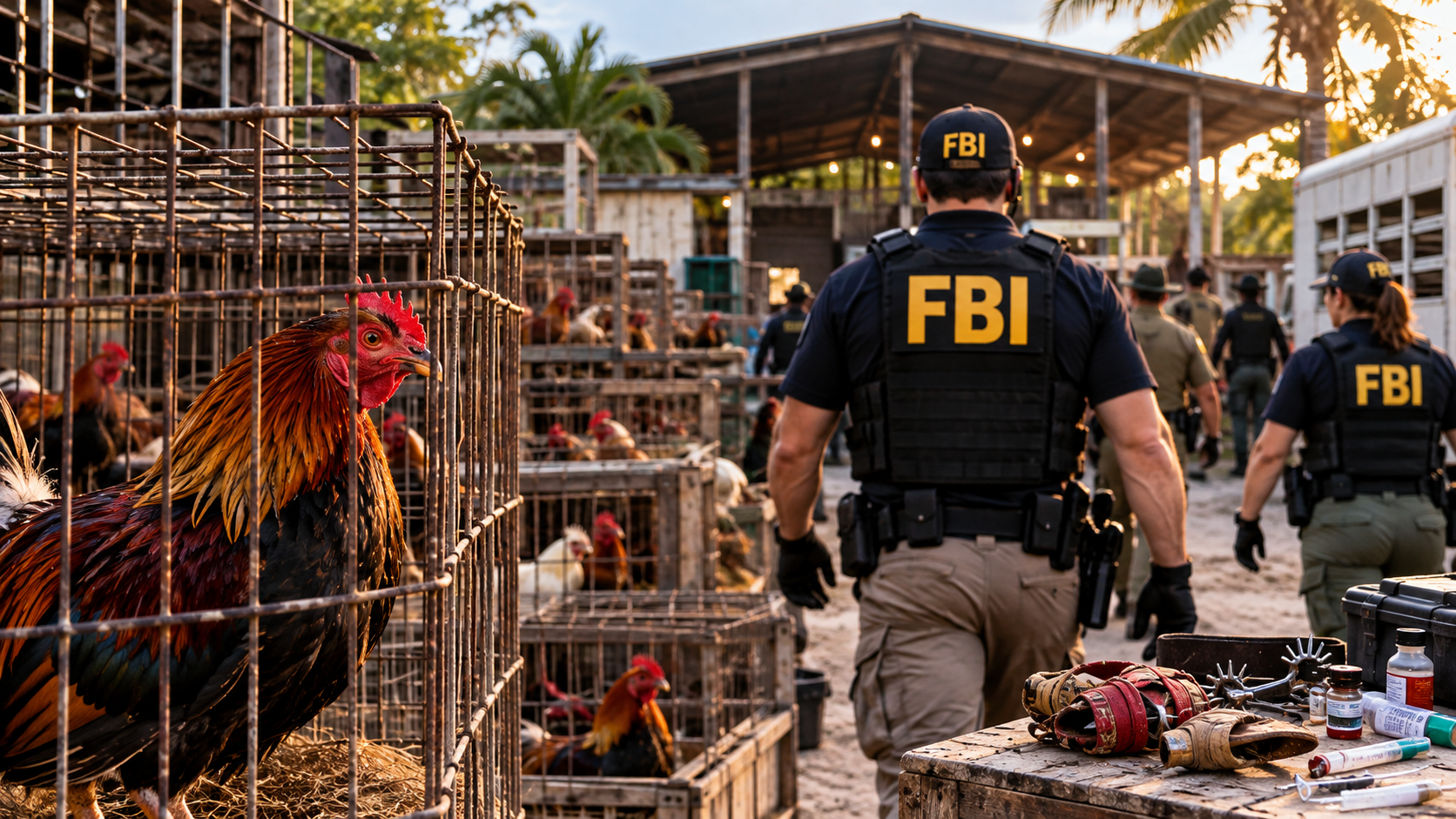 Illustration of an FBI raid on a suspected Miami-Dade cockfighting compound