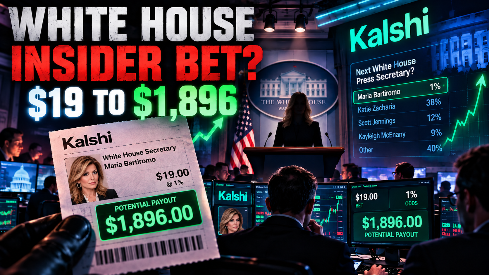 Illustration of White House prediction-market betting and a Kalshi trading ticket