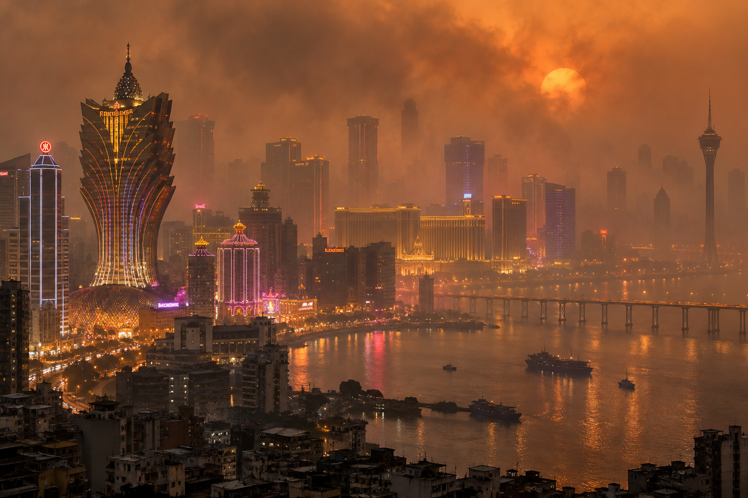 Illustration of Macau casino skyline under a dense orange smog haze